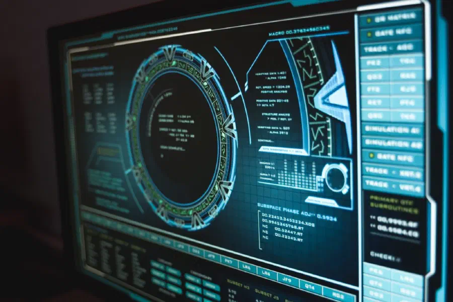 A control-room display showing system diagnostics