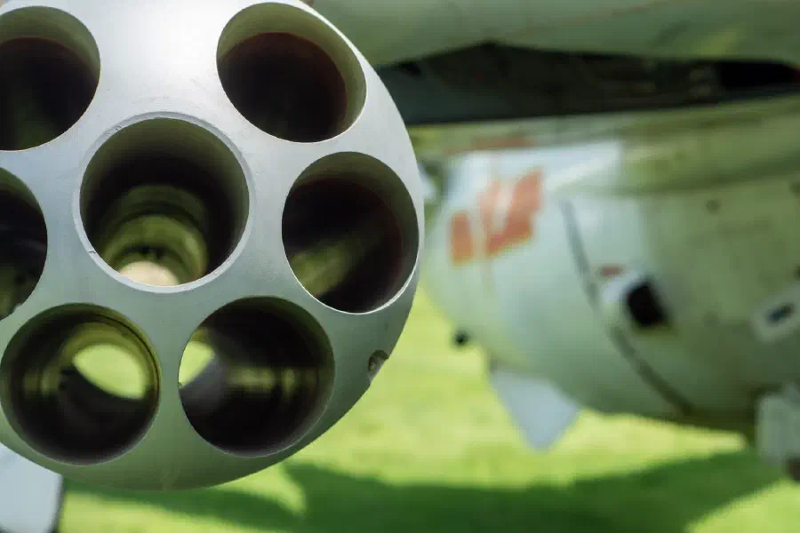 Close-up of a rocket pod on a military helicopter